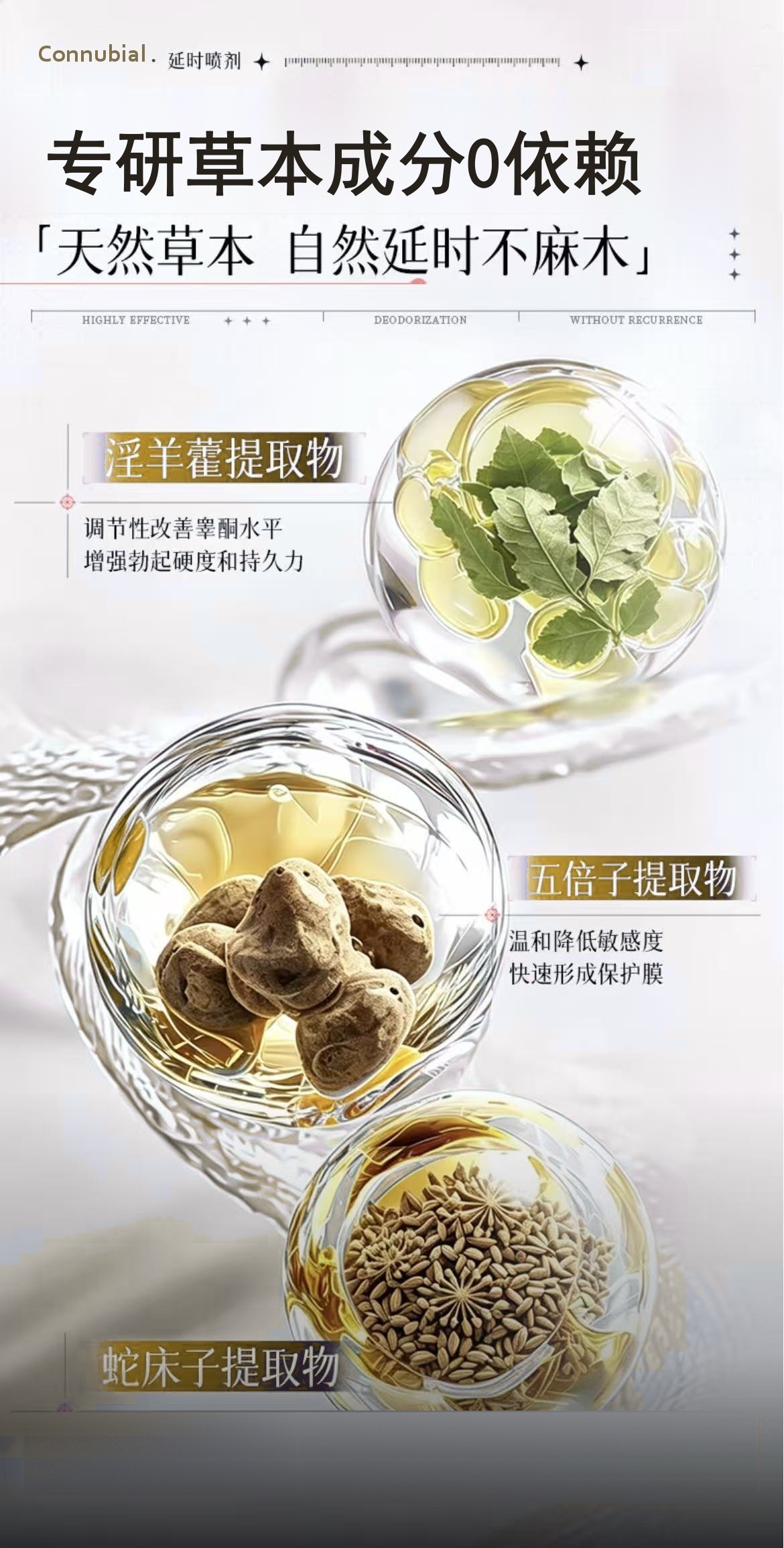 三大草本成分：淫羊藿提取物、五倍子提取物、蛇床子提取物